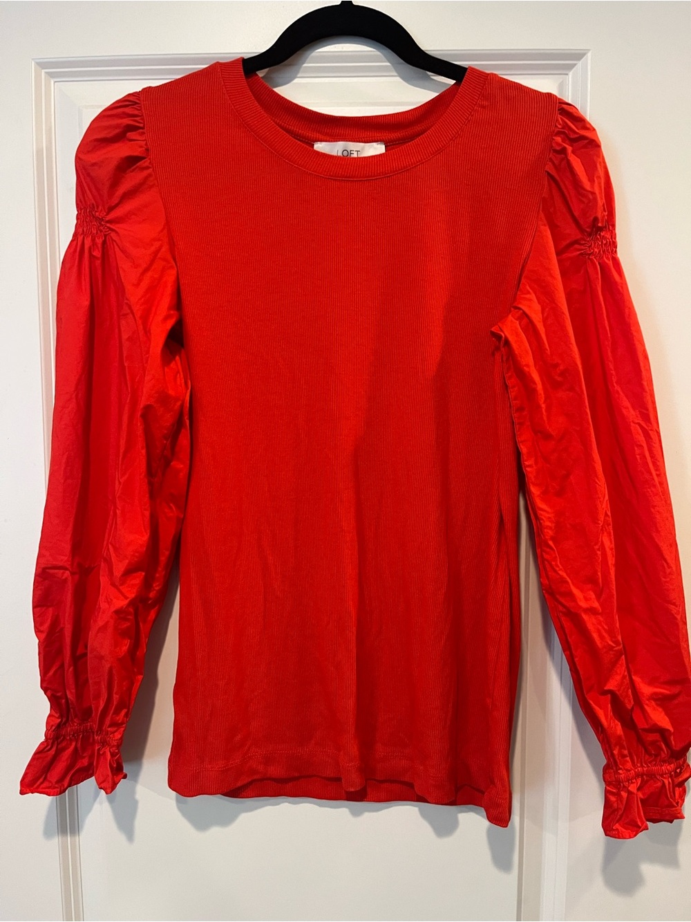 LOFT Red Puff Sleeve Long Sleeve Top